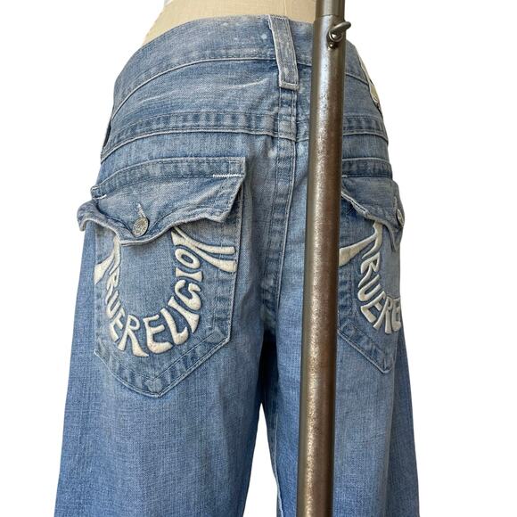 True Religion Jeans Men's Size 32 Y2K Logo Spell Out Patchwork Straight Cut Leg - Picture 1 of 8
